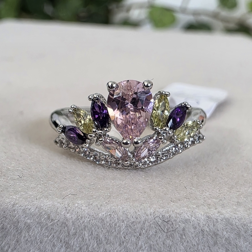Pretty Silver White Gold Filled Ring Pink Purple Stones - Picture 10 of 10